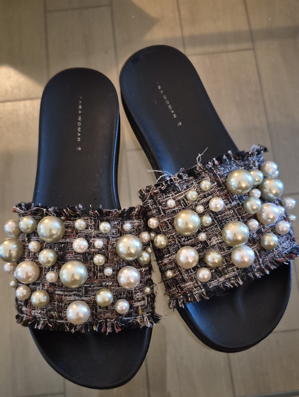Zara Black Tweed Slides with Pearl Embellishments